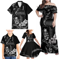 Black Hafa Adai Guam Family Matching Off Shoulder Maxi Dress and Hawaiian Shirt Chamorro Latte Stone Hand With Plumeria LT14 - Polynesian Pride