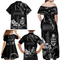 Black Hafa Adai Guam Family Matching Off Shoulder Maxi Dress and Hawaiian Shirt Chamorro Latte Stone Hand With Plumeria LT14 - Polynesian Pride