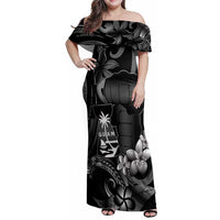 Black Hafa Adai Guam Family Matching Off Shoulder Maxi Dress and Hawaiian Shirt Chamorro Latte Stone Hand With Plumeria LT14 Mom's Dress Black - Polynesian Pride