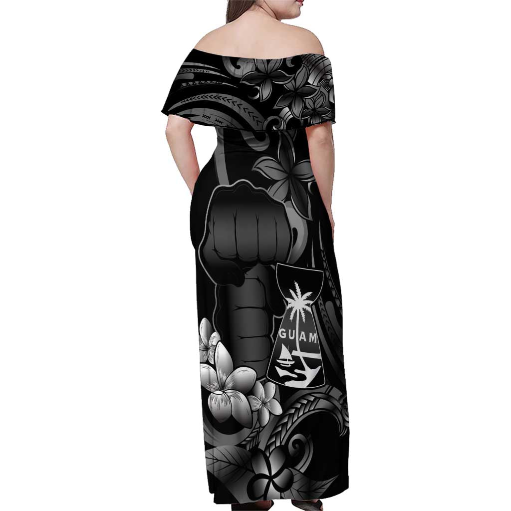 Black Hafa Adai Guam Family Matching Off Shoulder Maxi Dress and Hawaiian Shirt Chamorro Latte Stone Hand With Plumeria LT14 - Polynesian Pride