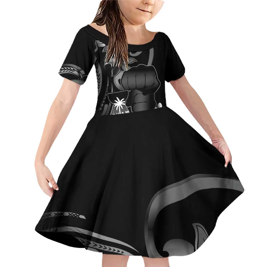 Black Hafa Adai Guam Family Matching Off Shoulder Short Dress and Hawaiian Shirt Chamorro Latte Stone Hand With Plumeria LT14 Daughter's Dress Black - Polynesian Pride