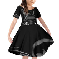 Black Hafa Adai Guam Family Matching Off Shoulder Short Dress and Hawaiian Shirt Chamorro Latte Stone Hand With Plumeria LT14 Daughter's Dress Black - Polynesian Pride