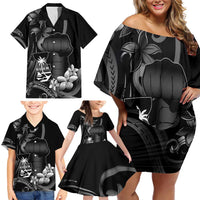 Black Hafa Adai Guam Family Matching Off Shoulder Short Dress and Hawaiian Shirt Chamorro Latte Stone Hand With Plumeria LT14 - Polynesian Pride