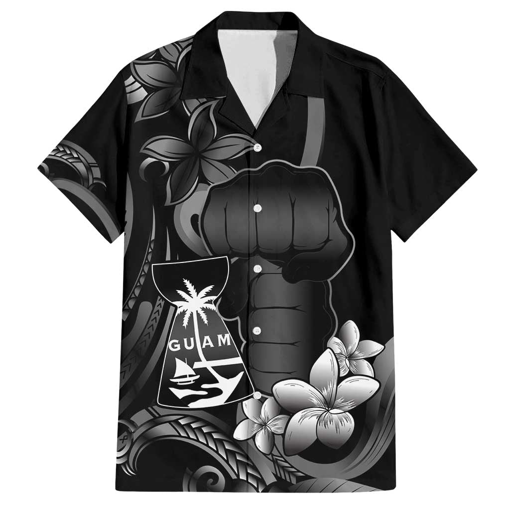 Black Hafa Adai Guam Family Matching Off Shoulder Short Dress and Hawaiian Shirt Chamorro Latte Stone Hand With Plumeria LT14 Dad's Shirt - Short Sleeve Black - Polynesian Pride
