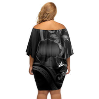 Black Hafa Adai Guam Family Matching Off Shoulder Short Dress and Hawaiian Shirt Chamorro Latte Stone Hand With Plumeria LT14 - Polynesian Pride