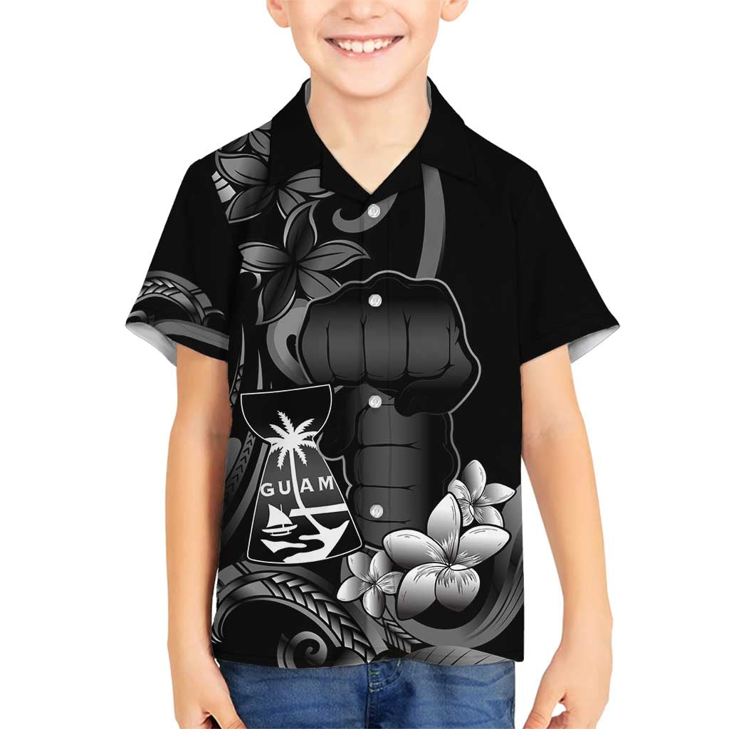 Black Hafa Adai Guam Family Matching Off Shoulder Short Dress and Hawaiian Shirt Chamorro Latte Stone Hand With Plumeria LT14 Son's Shirt Black - Polynesian Pride