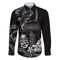 Black Hafa Adai Guam Family Matching Puletasi and Hawaiian Shirt Chamorro Latte Stone Hand With Plumeria LT14 Dad's Shirt - Long Sleeve Black - Polynesian Pride