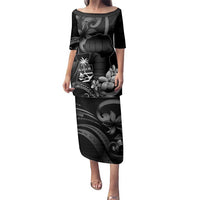Black Hafa Adai Guam Family Matching Puletasi and Hawaiian Shirt Chamorro Latte Stone Hand With Plumeria LT14 Mom's Dress Black - Polynesian Pride