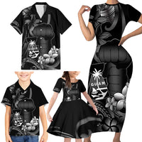 Black Hafa Adai Guam Family Matching Short Sleeve Bodycon Dress and Hawaiian Shirt Chamorro Latte Stone Hand With Plumeria LT14 - Polynesian Pride