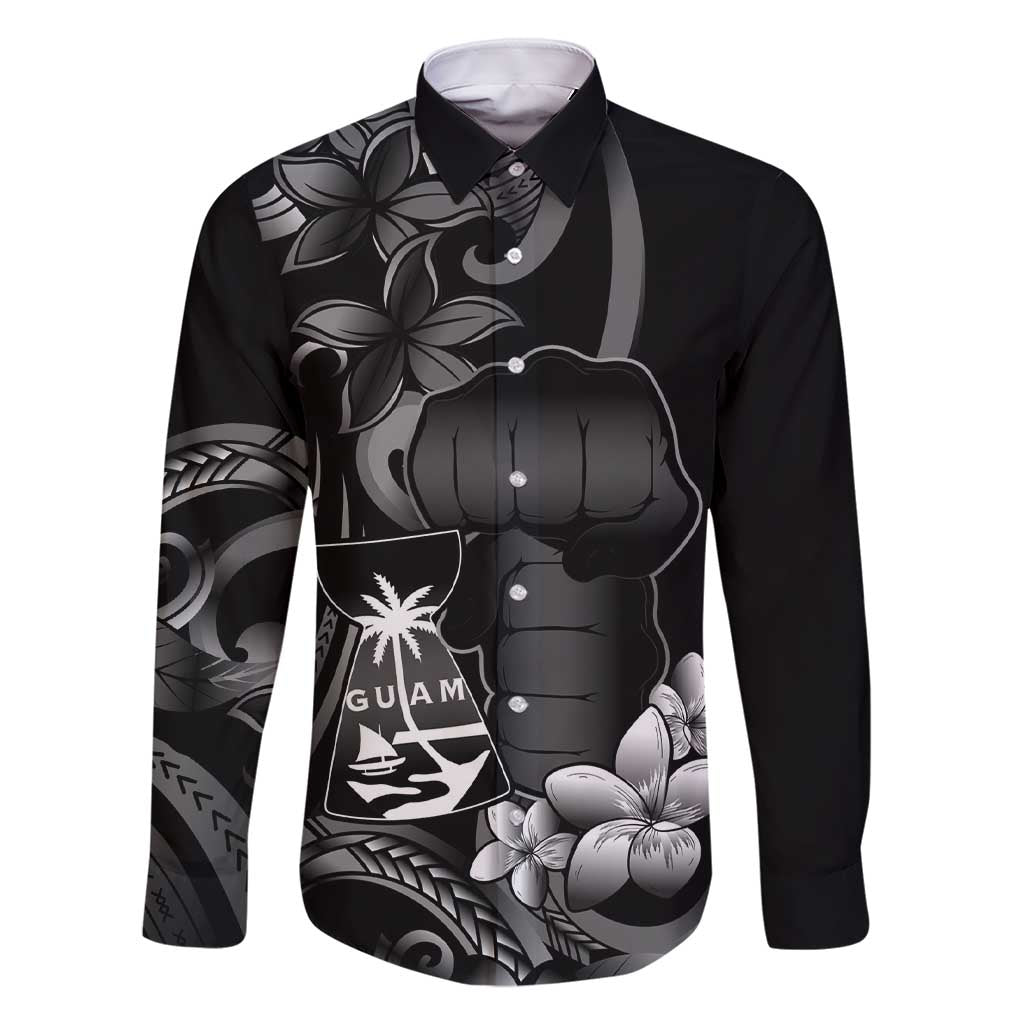 Black Hafa Adai Guam Family Matching Short Sleeve Bodycon Dress and Hawaiian Shirt Chamorro Latte Stone Hand With Plumeria LT14 Dad's Shirt - Long Sleeve Black - Polynesian Pride