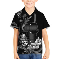 Black Hafa Adai Guam Family Matching Short Sleeve Bodycon Dress and Hawaiian Shirt Chamorro Latte Stone Hand With Plumeria LT14 Son's Shirt Black - Polynesian Pride