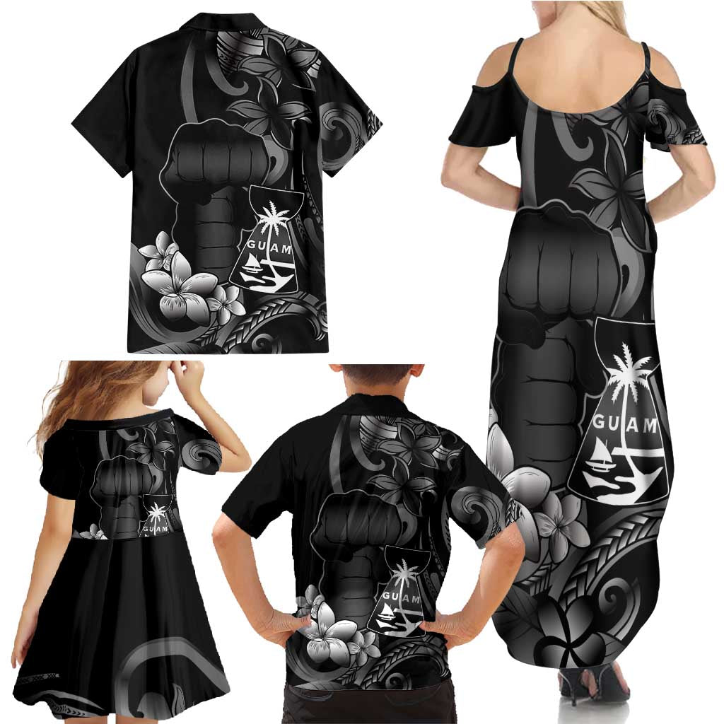 Black Hafa Adai Guam Family Matching Summer Maxi Dress and Hawaiian Shirt Chamorro Latte Stone Hand With Plumeria LT14 - Polynesian Pride
