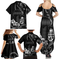 Black Hafa Adai Guam Family Matching Summer Maxi Dress and Hawaiian Shirt Chamorro Latte Stone Hand With Plumeria LT14 - Polynesian Pride