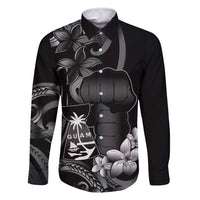 Black Hafa Adai Guam Family Matching Summer Maxi Dress and Hawaiian Shirt Chamorro Latte Stone Hand With Plumeria LT14 Dad's Shirt - Long Sleeve Black - Polynesian Pride