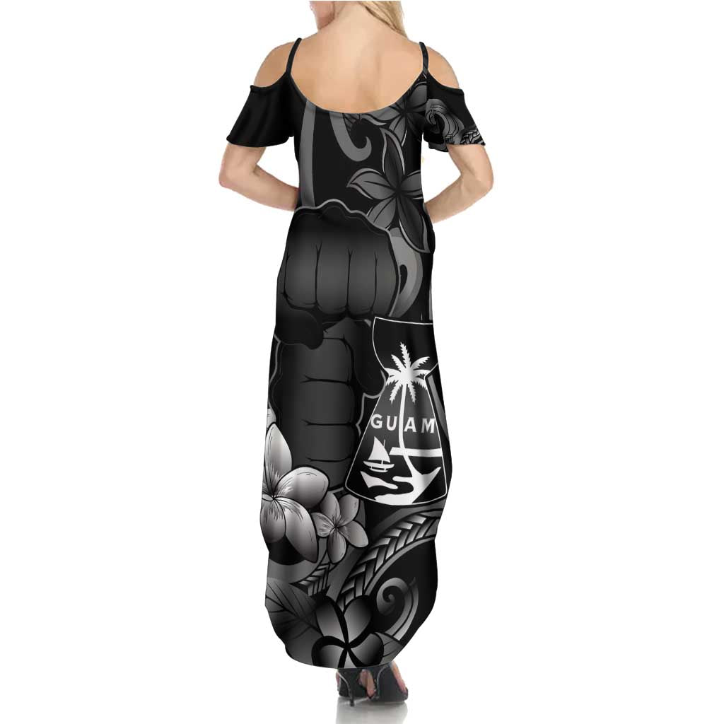 Black Hafa Adai Guam Family Matching Summer Maxi Dress and Hawaiian Shirt Chamorro Latte Stone Hand With Plumeria LT14 - Polynesian Pride
