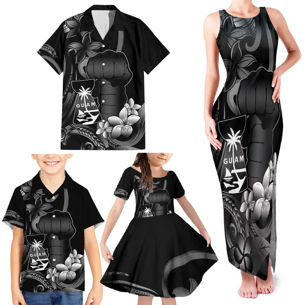 Black Hafa Adai Guam Family Matching Tank Maxi Dress and Hawaiian Shirt Chamorro Latte Stone Hand With Plumeria