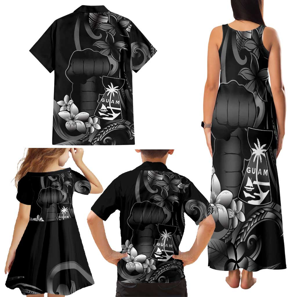 Black Hafa Adai Guam Family Matching Tank Maxi Dress and Hawaiian Shirt Chamorro Latte Stone Hand With Plumeria LT14 - Polynesian Pride