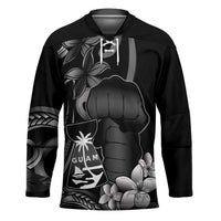 Black Hafa Adai Guam Hockey Jersey Chamorro Latte Stone Hand With Plumeria - Polynesian Pride