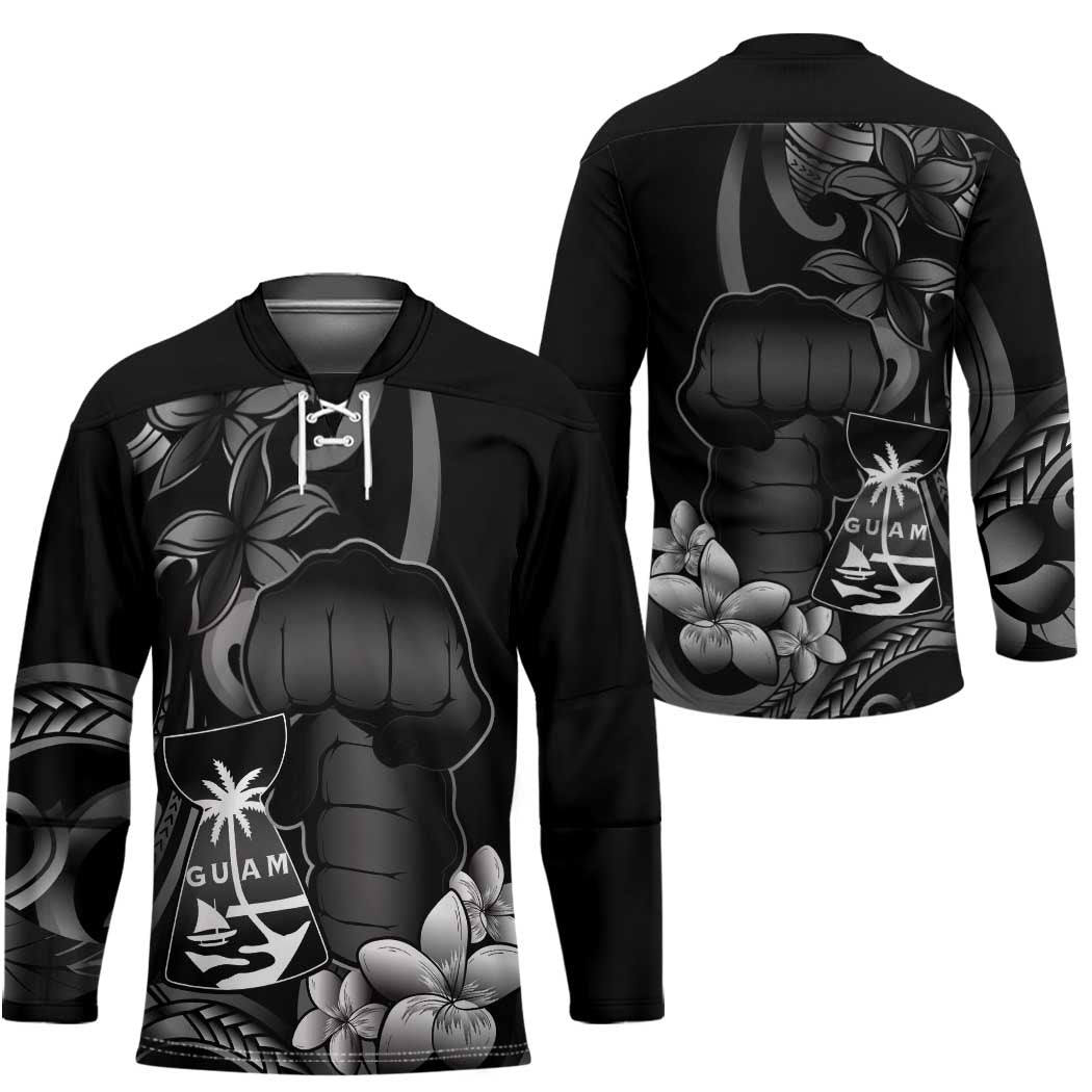 Black Hafa Adai Guam Hockey Jersey Chamorro Latte Stone Hand With Plumeria - Polynesian Pride