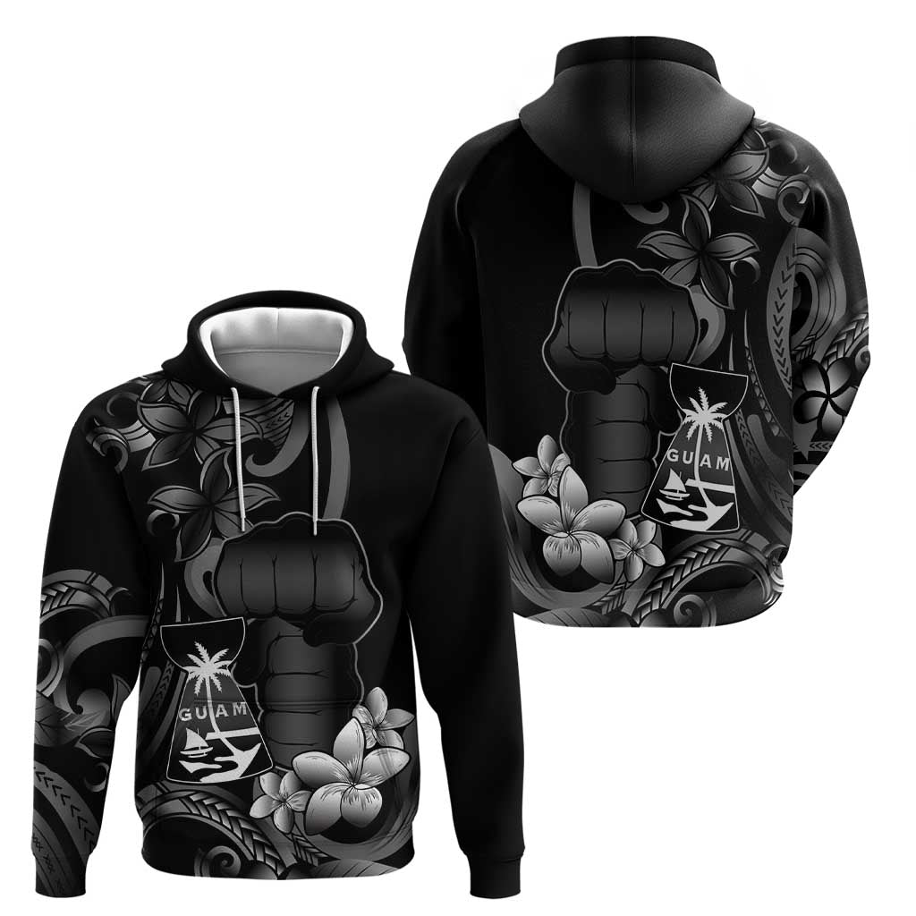 Black Hafa Adai Guam Hoodie Chamorro Latte Stone Hand With Plumeria
