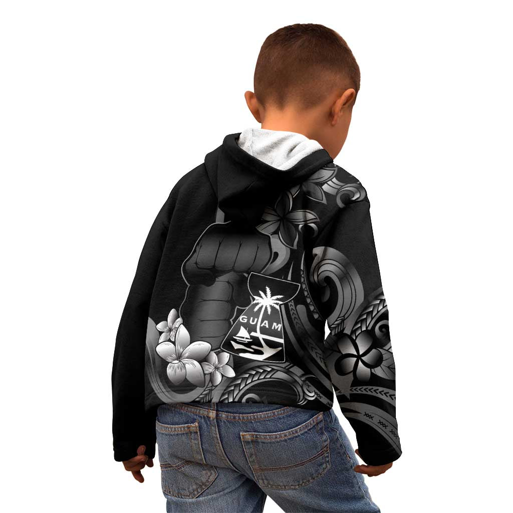 Black Hafa Adai Guam Kid Hoodie Chamorro Latte Stone Hand With Plumeria