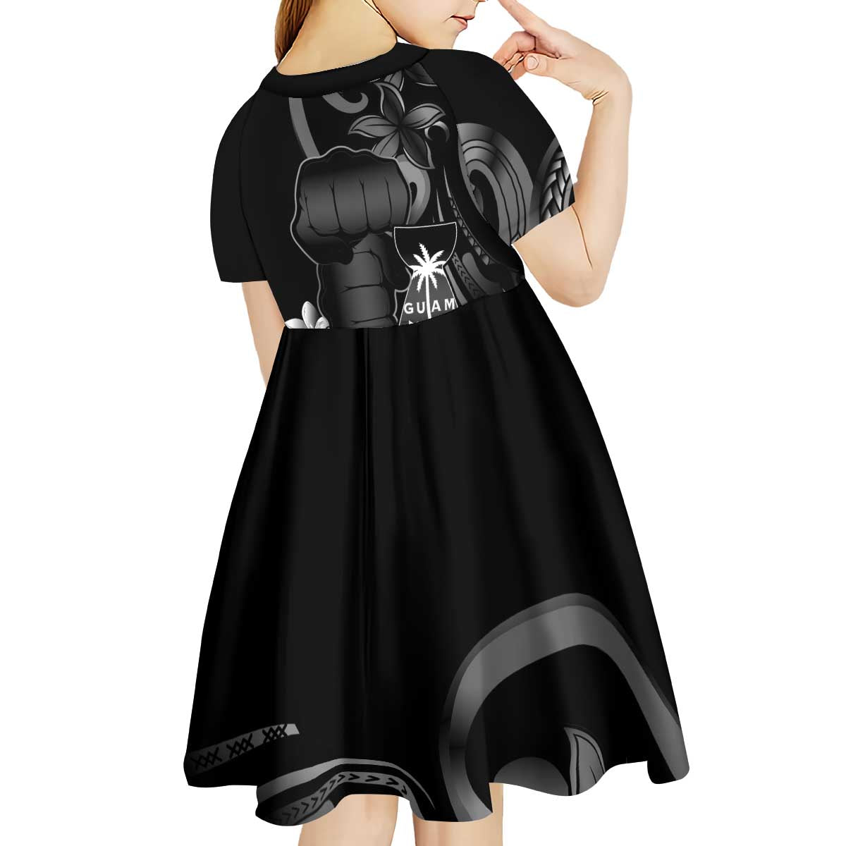 Black Hafa Adai Guam Kid Short Sleeve Dress Chamorro Latte Stone Hand With Plumeria