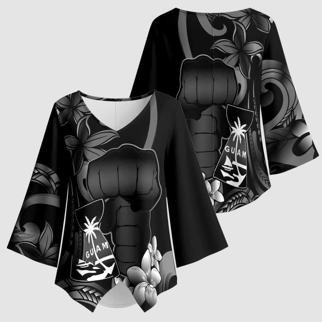 Black Hafa Adai Guam Kimono Sleeve Blouse Chamorro Latte Stone Hand With Plumeria - Polynesian Pride