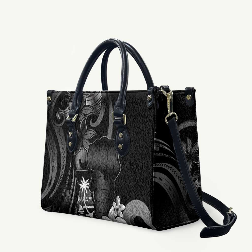 Black Hafa Adai Guam Leather Bag Chamorro Latte Stone Hand With Plumeria - Polynesian Pride