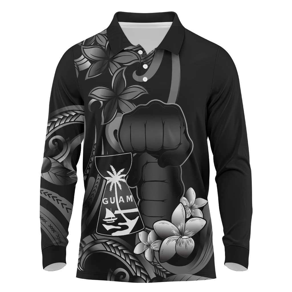 Black Hafa Adai Guam Long Sleeve Polo Shirt Chamorro Latte Stone Hand With Plumeria