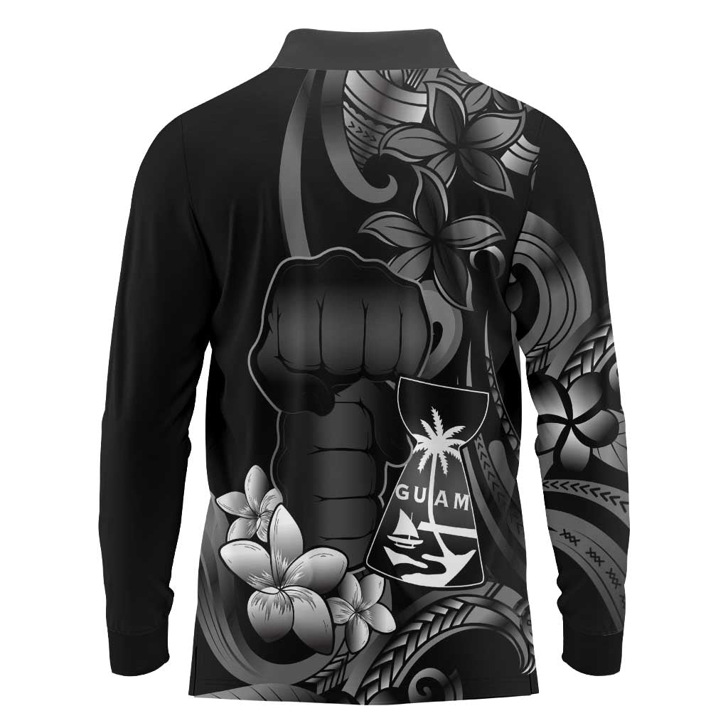 Black Hafa Adai Guam Long Sleeve Polo Shirt Chamorro Latte Stone Hand With Plumeria