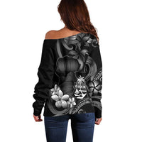 Black Hafa Adai Guam Off Shoulder Sweater Chamorro Latte Stone Hand With Plumeria