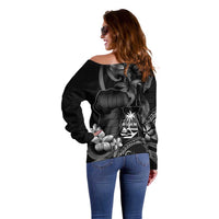 Black Hafa Adai Guam Off Shoulder Sweater Chamorro Latte Stone Hand With Plumeria