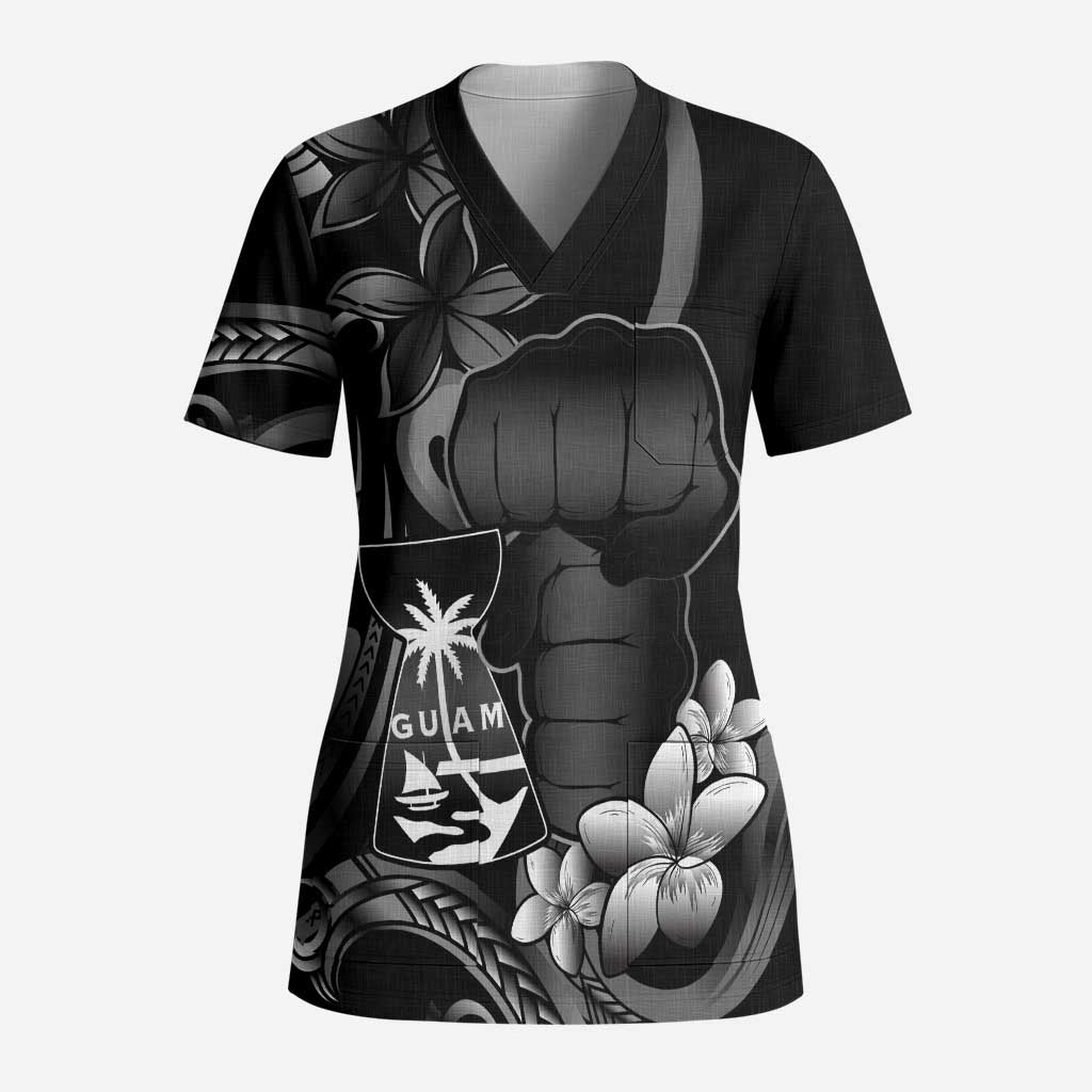 Black Hafa Adai Guam Scrub Top Chamorro Latte Stone Hand With Plumeria - Polynesian Pride