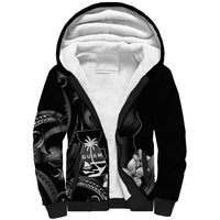 Black Hafa Adai Guam Sherpa Hoodie Chamorro Latte Stone Hand With Plumeria LT14 Unisex Black - Polynesian Pride