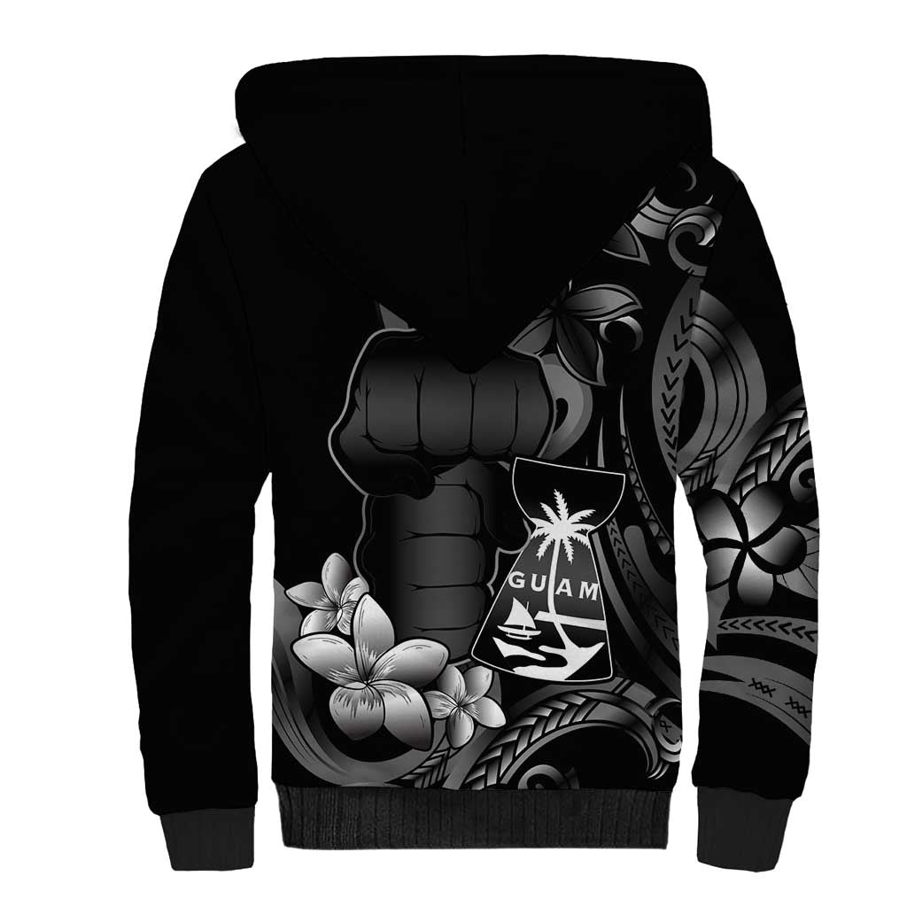 Black Hafa Adai Guam Sherpa Hoodie Chamorro Latte Stone Hand With Plumeria LT14 - Polynesian Pride