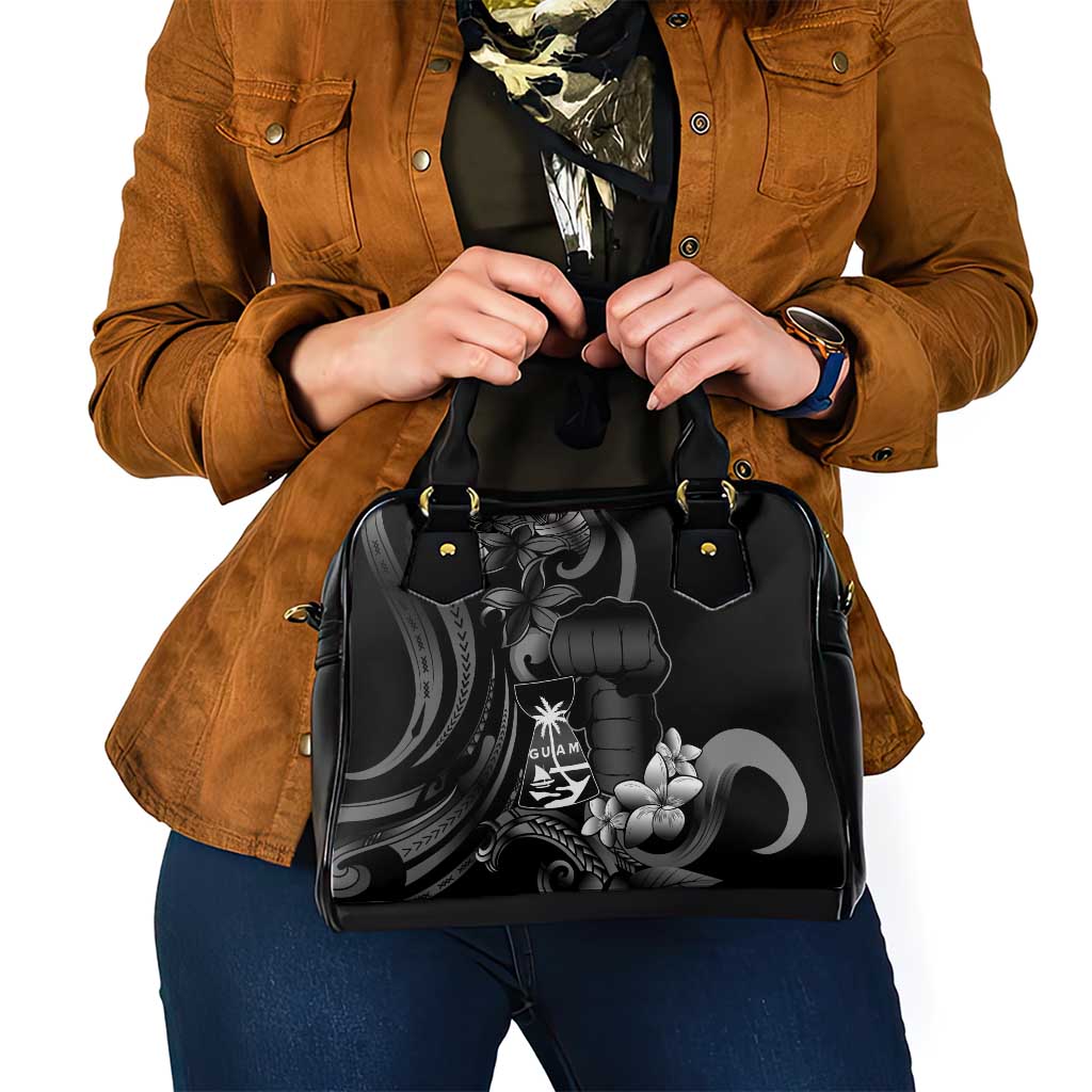 Black Hafa Adai Guam Shoulder Handbag Chamorro Latte Stone Hand With Plumeria