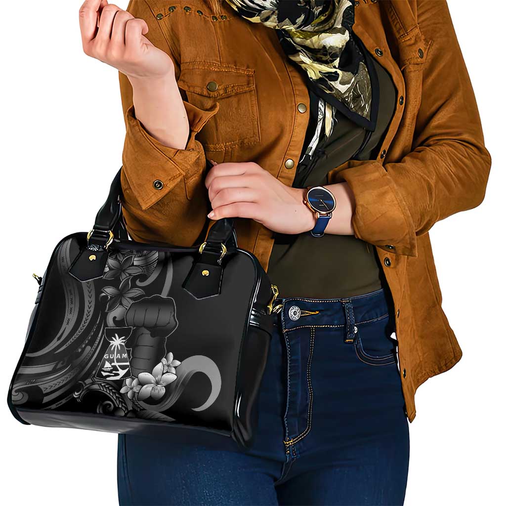 Black Hafa Adai Guam Shoulder Handbag Chamorro Latte Stone Hand With Plumeria