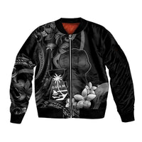 Black Hafa Adai Guam Sleeve Zip Bomber Jacket Chamorro Latte Stone Hand With Plumeria