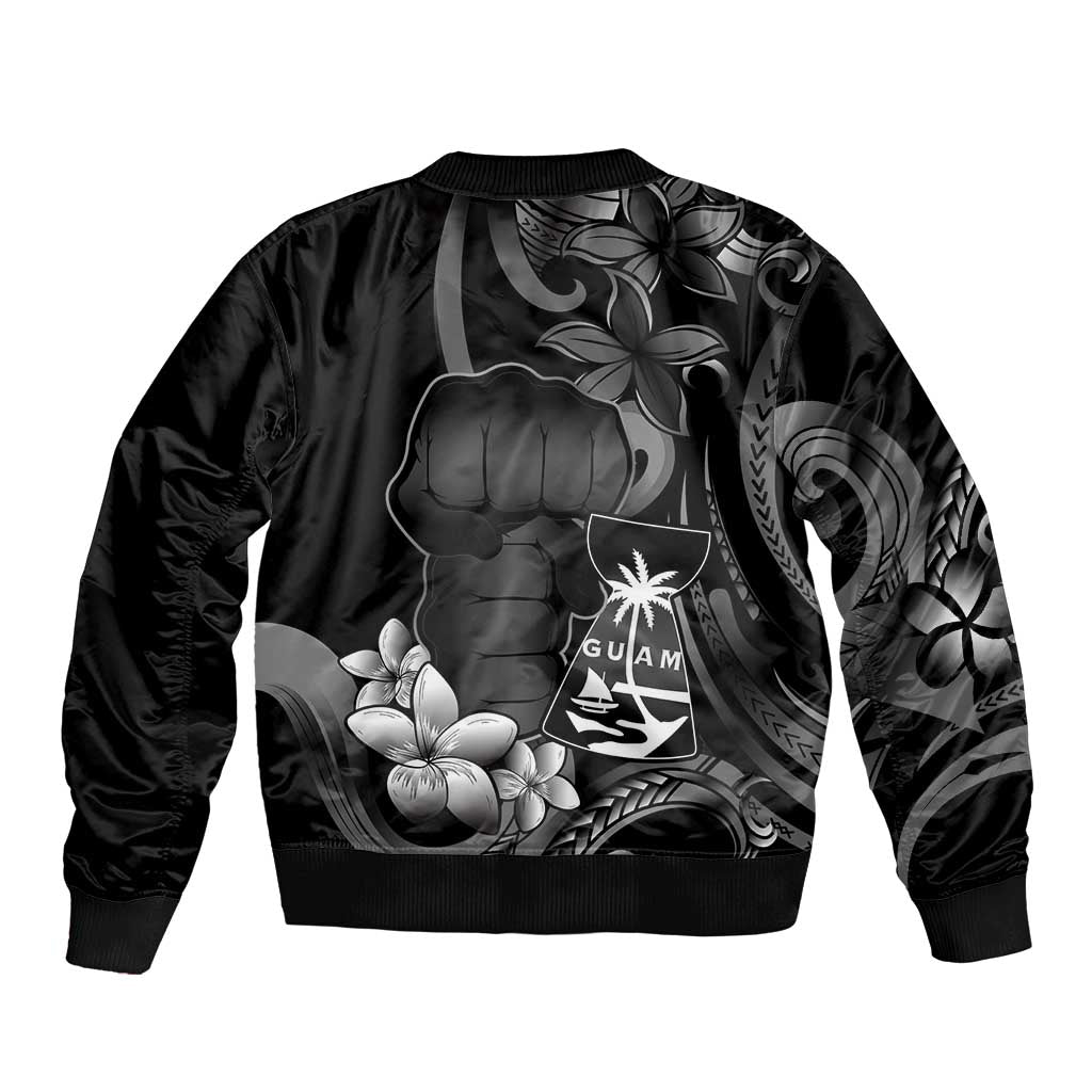 Black Hafa Adai Guam Sleeve Zip Bomber Jacket Chamorro Latte Stone Hand With Plumeria