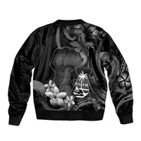 Black Hafa Adai Guam Sleeve Zip Bomber Jacket Chamorro Latte Stone Hand With Plumeria