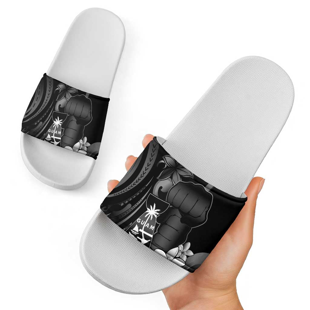 Black Hafa Adai Guam Slide Sandals Chamorro Latte Stone Hand With Plumeria - Polynesian Pride