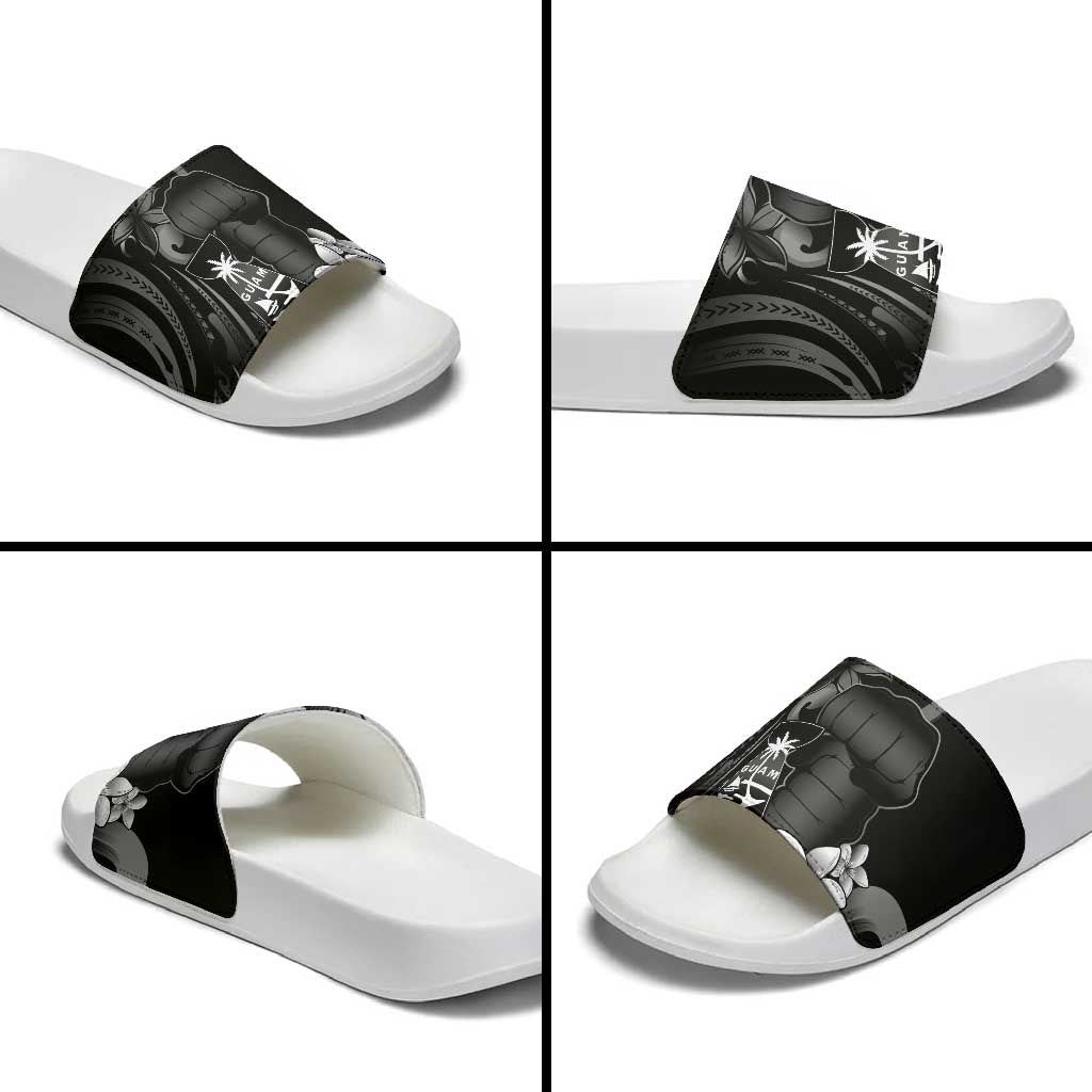 Black Hafa Adai Guam Slide Sandals Chamorro Latte Stone Hand With Plumeria - Polynesian Pride