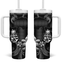 Black Hafa Adai Guam Tumbler With Handle Chamorro Latte Stone Hand With Plumeria