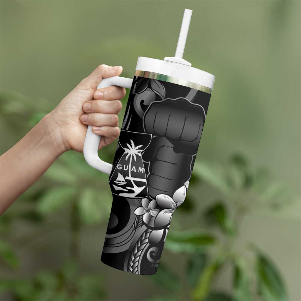 Black Hafa Adai Guam Tumbler With Handle Chamorro Latte Stone Hand With Plumeria