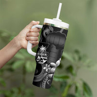 Black Hafa Adai Guam Tumbler With Handle Chamorro Latte Stone Hand With Plumeria