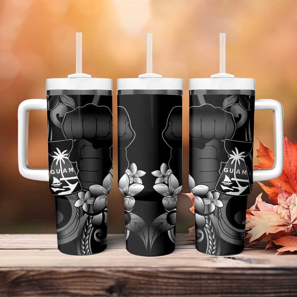 Black Hafa Adai Guam Tumbler With Handle Chamorro Latte Stone Hand With Plumeria