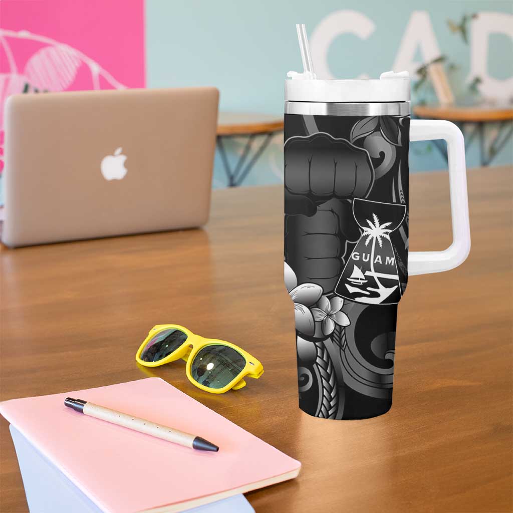 Black Hafa Adai Guam Tumbler With Handle Chamorro Latte Stone Hand With Plumeria