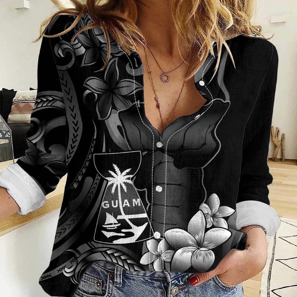 Black Hafa Adai Guam Women Casual Shirt Chamorro Latte Stone Hand With Plumeria
