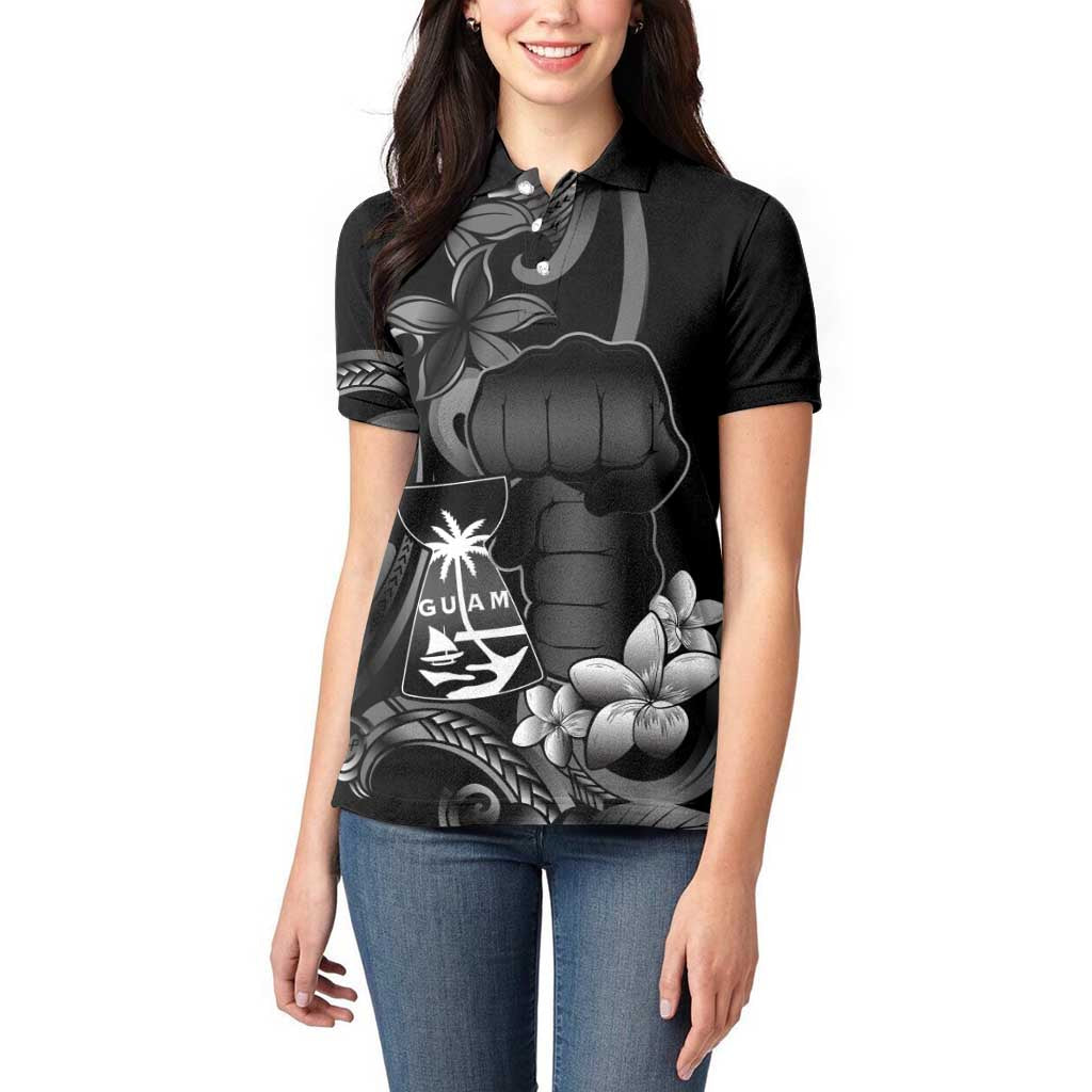 Black Hafa Adai Guam Women Polo Shirt Chamorro Latte Stone Hand With Plumeria