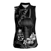 Black Hafa Adai Guam Women Sleeveless Polo Shirt Chamorro Latte Stone Hand With Plumeria LT14 Female Black - Polynesian Pride